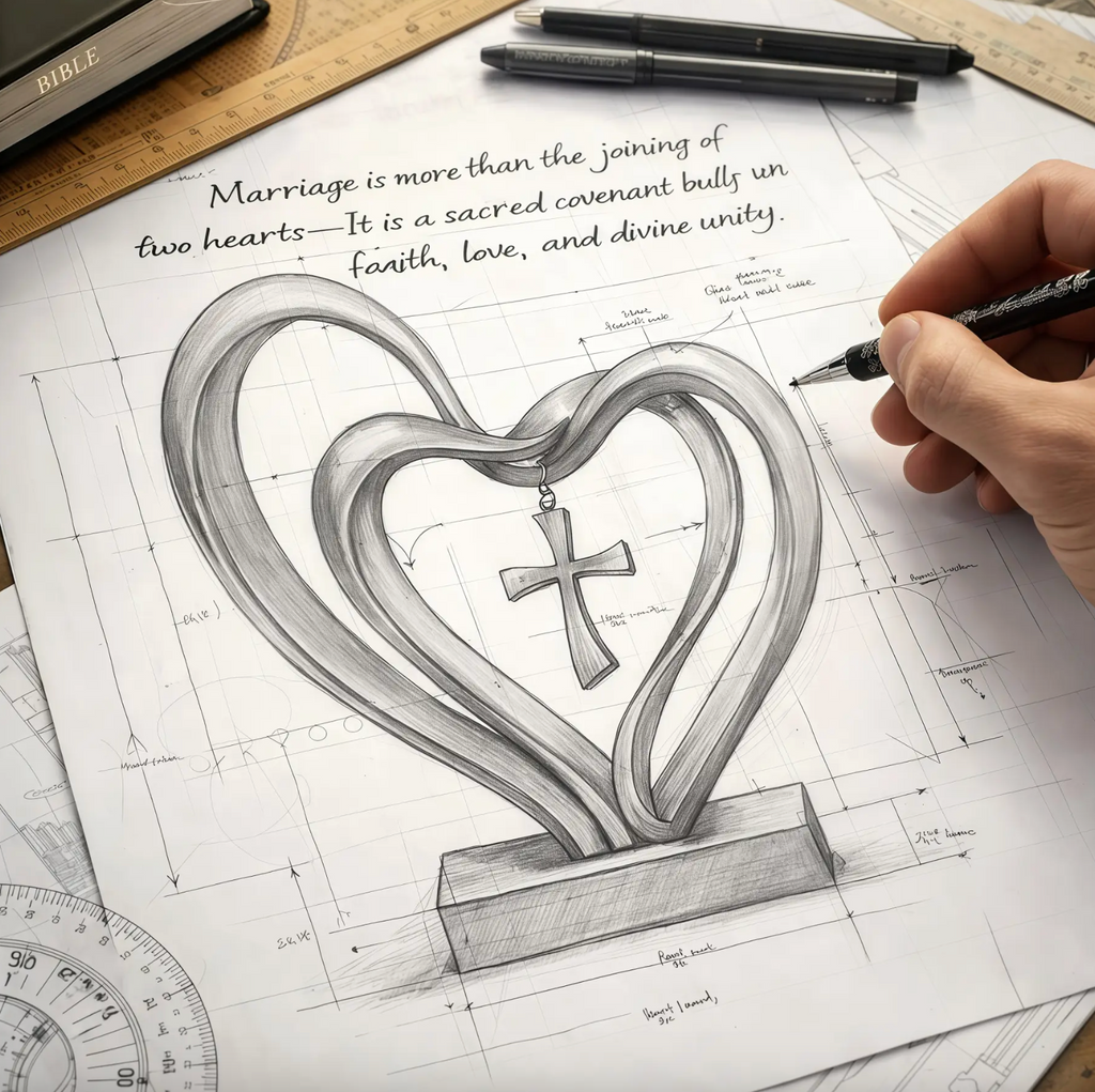 Wooden Intertwined Heart Sculpture with Cross – Christian Marriage Keepsake Décor