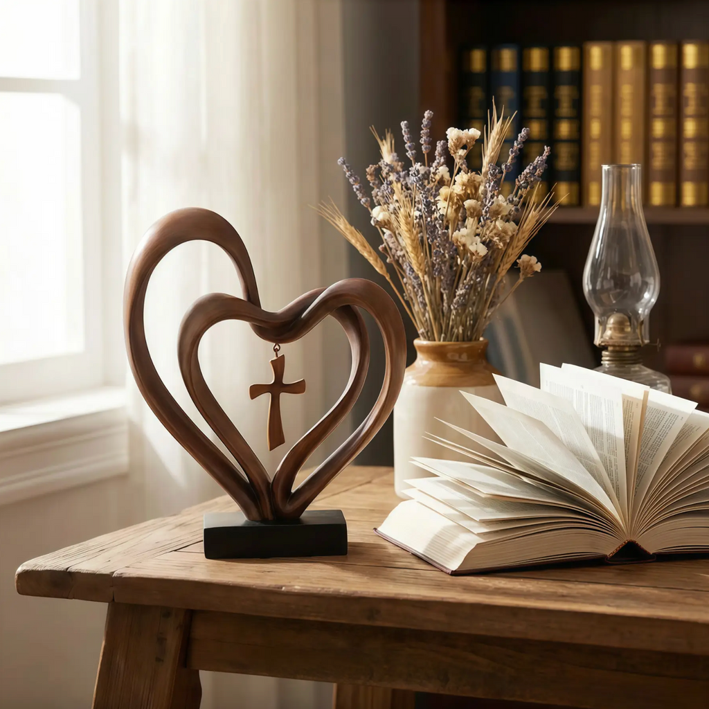 Wooden Intertwined Heart Sculpture with Cross – Christian Marriage Keepsake Décor