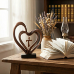 Wooden Intertwined Heart Sculpture with Cross – Christian Marriage Keepsake Décor