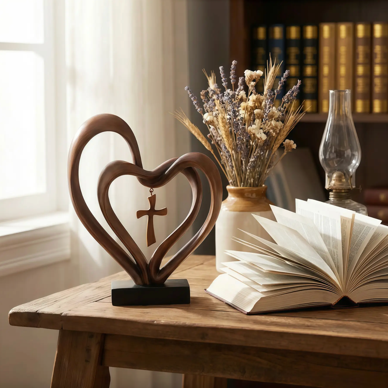 Wooden Intertwined Heart Sculpture with Cross – Christian Marriage Keepsake Décor