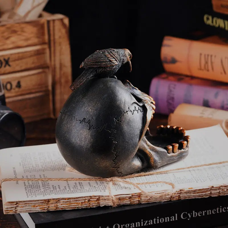 Raven Skull Ashtray – Gothic Resin Ash Holder for Dark Home Decor