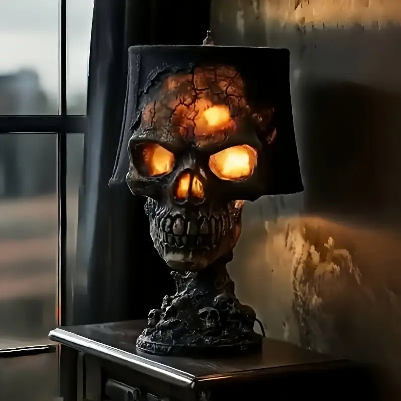 Glowing Skull Table Lamp with Cracked Shade – Gothic Home Décor Accent