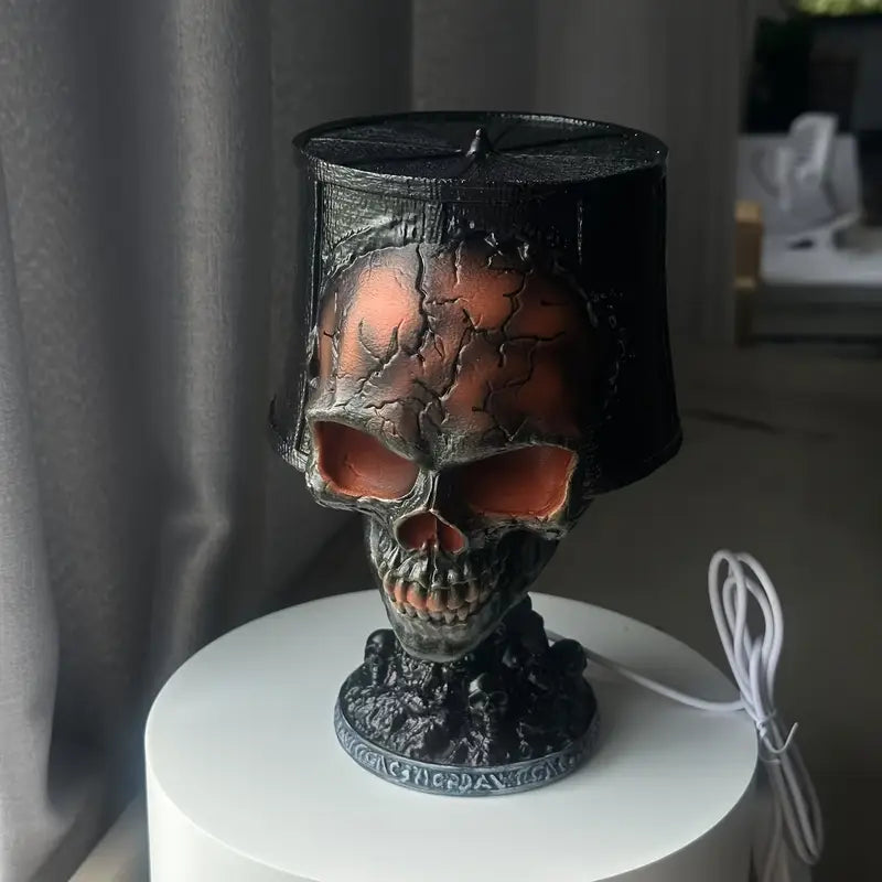 Glowing Skull Table Lamp with Cracked Shade – Gothic Home Décor Accent