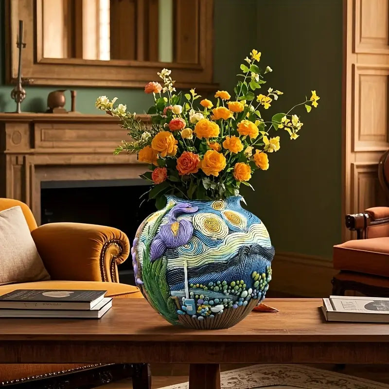 Decorative Van Goph Ceramic Art Vase with White Blossoms – Statement Home Accent