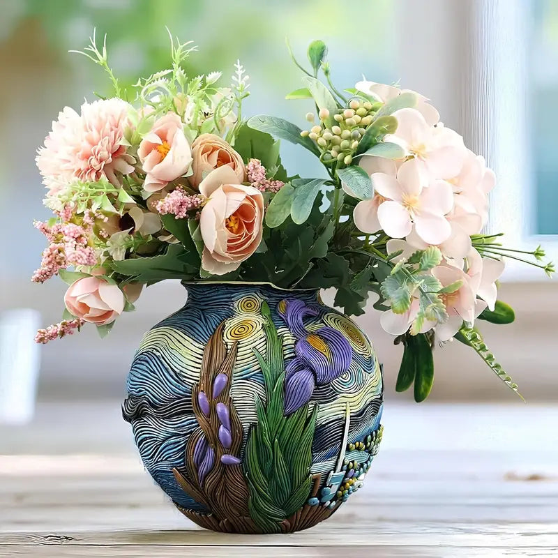 Decorative Van Goph Ceramic Art Vase with White Blossoms – Statement Home Accent