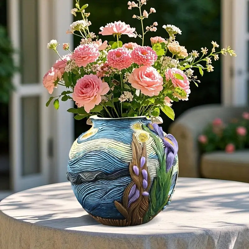 Decorative Van Goph Ceramic Art Vase with White Blossoms – Statement Home Accent