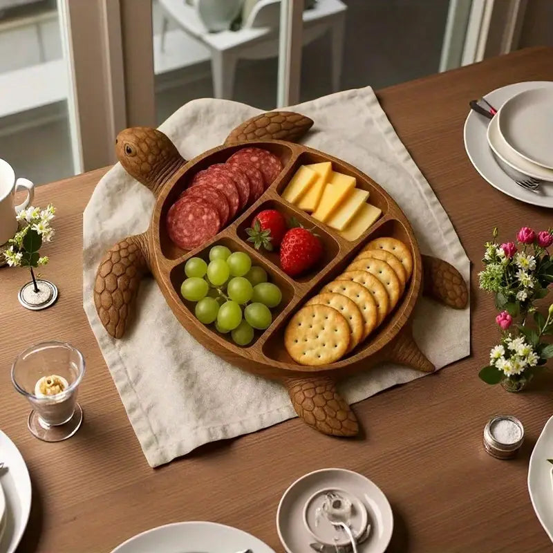 Wooden Turtle Charcuterie Board with Compartments for Snacks & Cheese