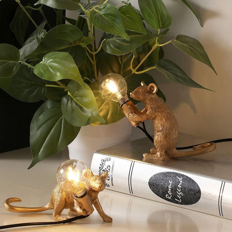 Gold Mouse Lamp Holding Light Bulb – Whimsical Decorative Table Light