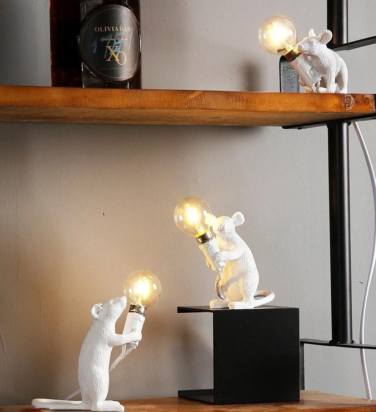 Gold Mouse Lamp Holding Light Bulb – Whimsical Decorative Table Light