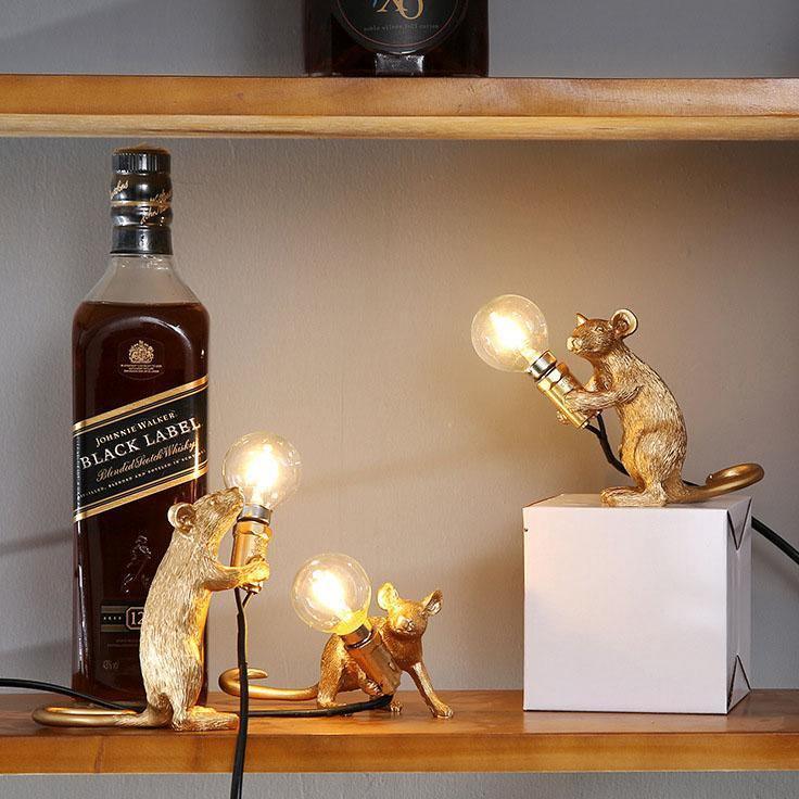 Gold Mouse Lamp Holding Light Bulb – Whimsical Decorative Table Light