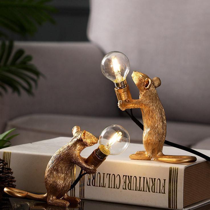 Gold Mouse Lamp Holding Light Bulb – Whimsical Decorative Table Light