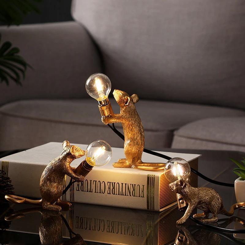 Gold Mouse Lamp Holding Light Bulb – Whimsical Decorative Table Light