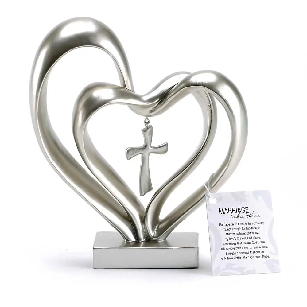Wooden Intertwined Heart Sculpture with Cross – Christian Marriage Keepsake Décor