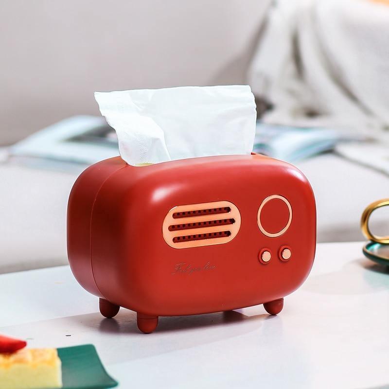Retro Radio Tissue Holder – Cute Vintage Tissue Box for Desk or Living Room Crimson