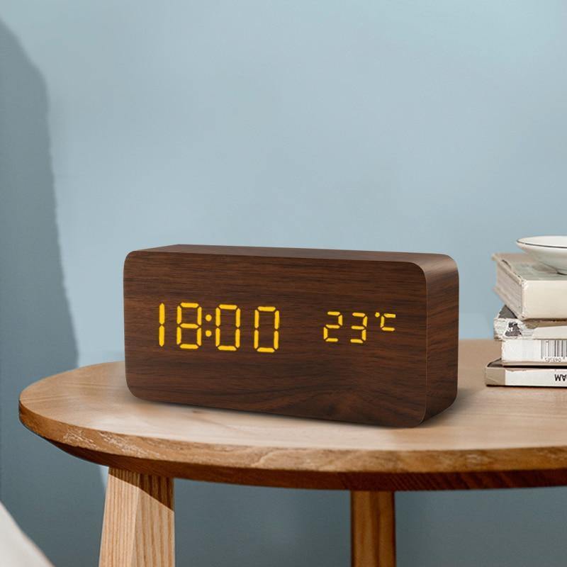 Minimalist Wooden Cube LED Alarm Clock for Modern Bedrooms Black Rectangle Time + Temperature + Humidity, Blue