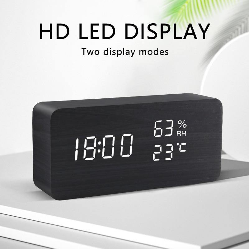 Minimalist Wooden Cube LED Alarm Clock for Modern Bedrooms Black Rectangle Time + Temperature + Humidity, Green