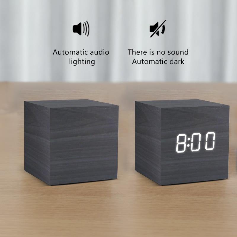 Minimalist Wooden Cube LED Alarm Clock for Modern Bedrooms White Rectangle Time + Temperature