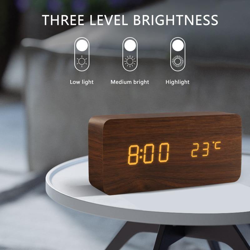 Minimalist Wooden Cube LED Alarm Clock for Modern Bedrooms Black Rectangle Time + Temperature + Humidity, White