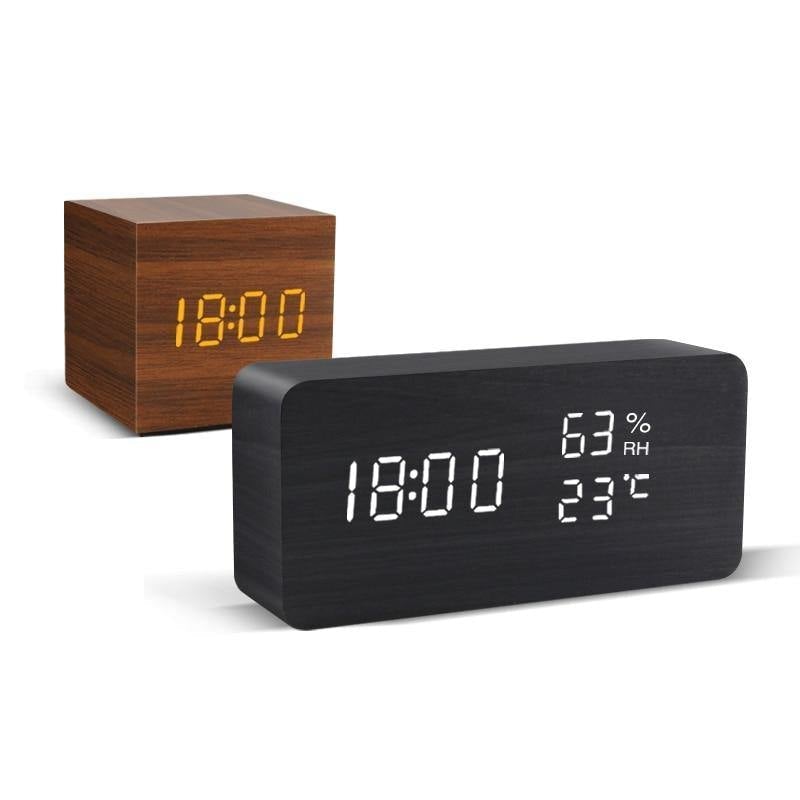 Minimalist Wooden Cube LED Alarm Clock for Modern Bedrooms Black Rectangle Time + Temperature