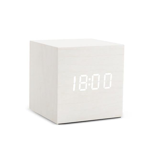 Minimalist Wooden Cube LED Alarm Clock for Modern Bedrooms Tan Rectangle Time + Temperature