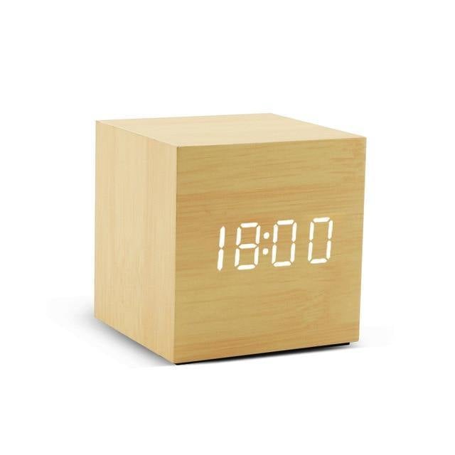 Minimalist Wooden Cube LED Alarm Clock for Modern Bedrooms Tan Cube Time