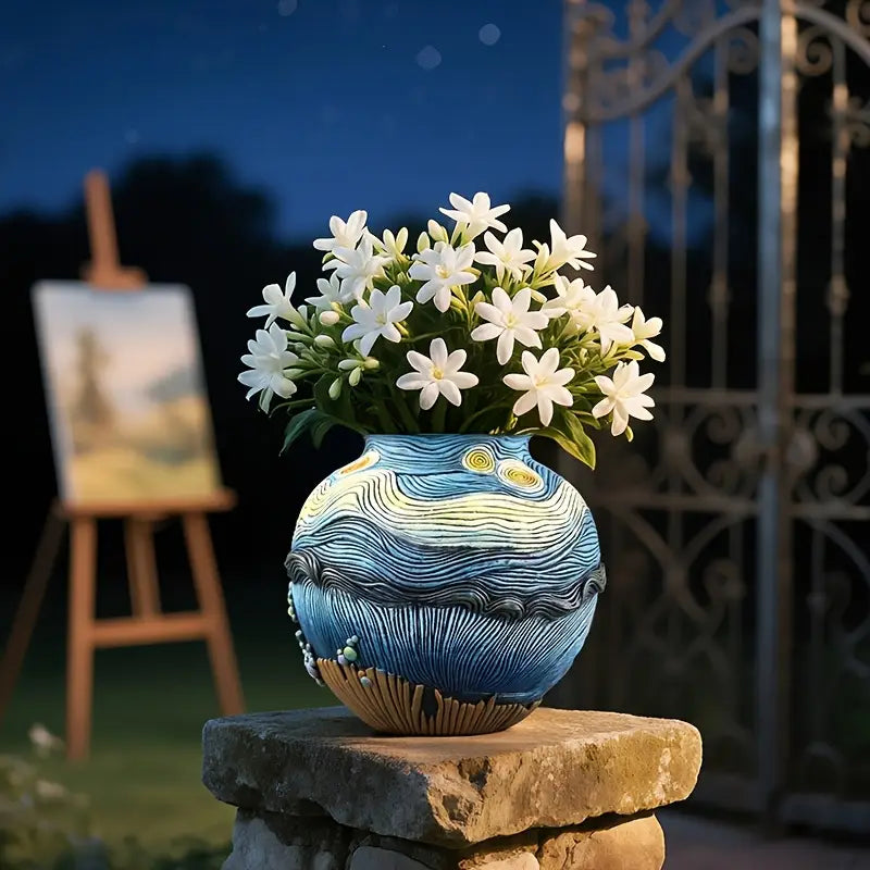 Decorative Van Goph Ceramic Art Vase with White Blossoms – Statement Home Accent